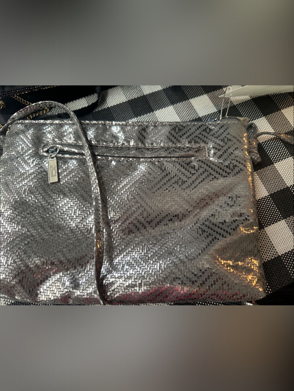 Pinky Metallic Silver Crossbody Bag with Textured Pattern